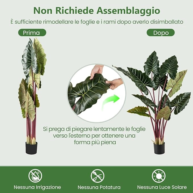 Pianta Artificiale di Taro Arcobaleno 160 cm, Finta Pianta in Vaso Pre-piantato con 11 Foglie Finte, Steli Flessibili, Albero Decorativo Moderno per Ufficio e Casa