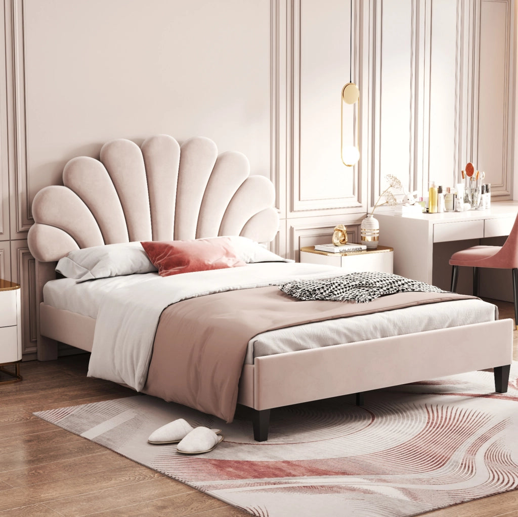 Letto imbottito 140×200 cm beige con testiera floreale