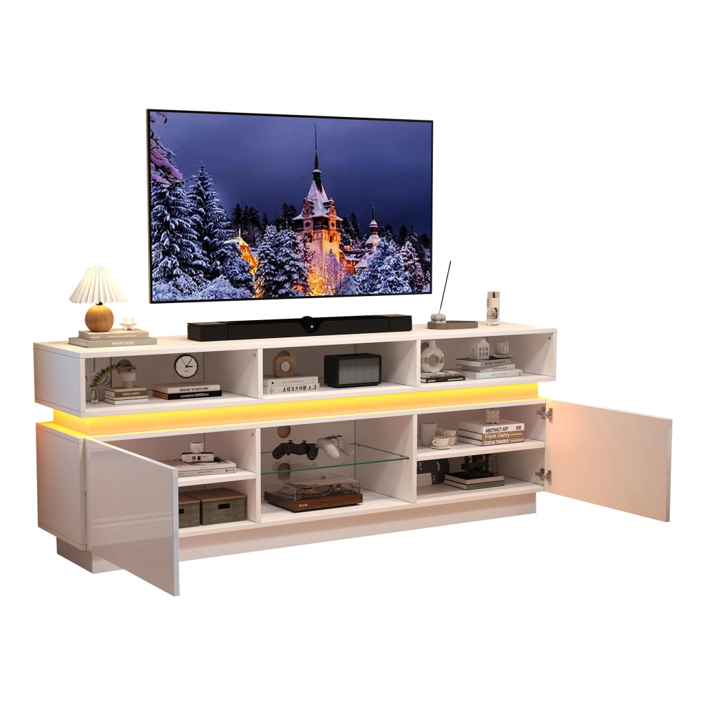 Mobile porta TV con LED e 10 vani contenitore ante lucide per soggiorno in MDF e vetro bianco 160 × 35 × 60 cm