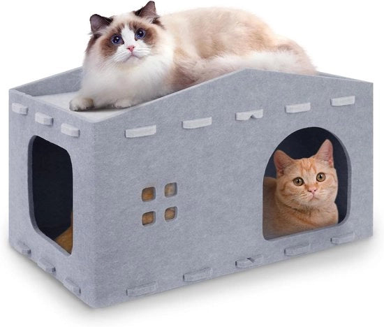 Casa per gatti per interni 2 strati gatto lettino gatto imbottito copertura rimovibile gattino contenitore con superficie per arrampicarsi per interni gatto fino a 10 kg 52 x 32 x 29 cm grigio