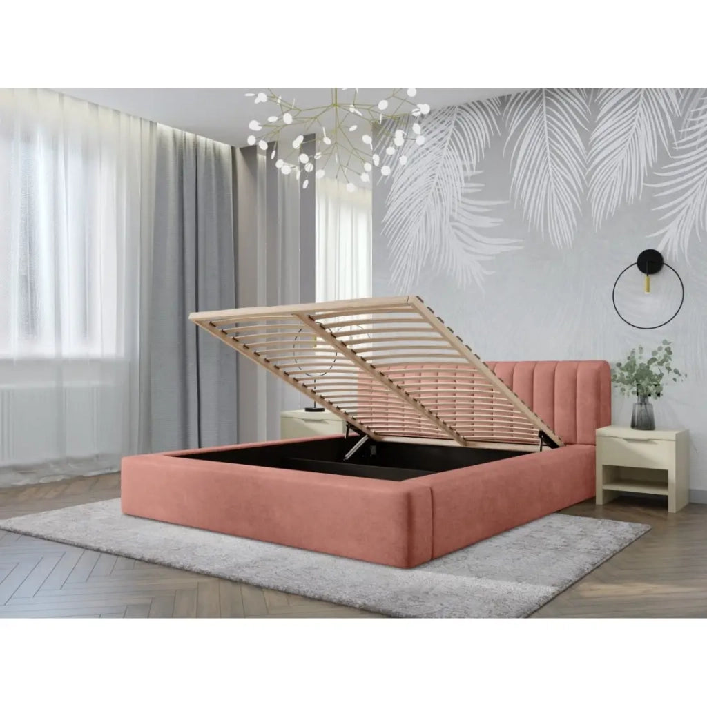 Letto contenitore CERVIN – Velluto morbido Ocre rosato – 180x200 cm – Rete sollevabile – Design elegante