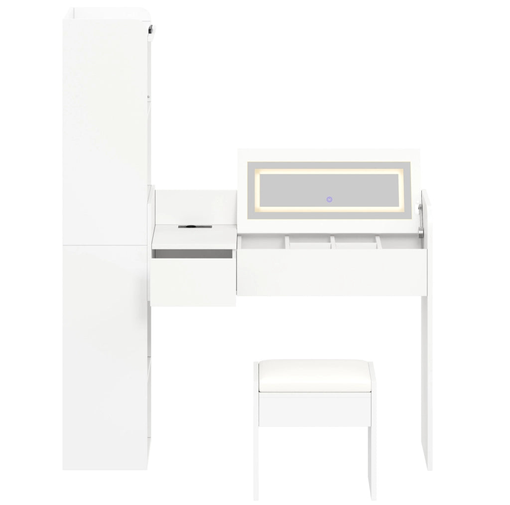 Toeletta 131x40x160 cm con specchio LED, USB e sgabello in legno ingegnerizzato bianco