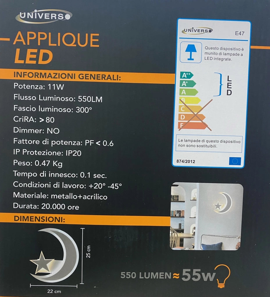 APPLIQUE LAMPADA DA PARETE A MURO MODERNA LED LUNA CON STELLA LUCE FREDDA 6500K