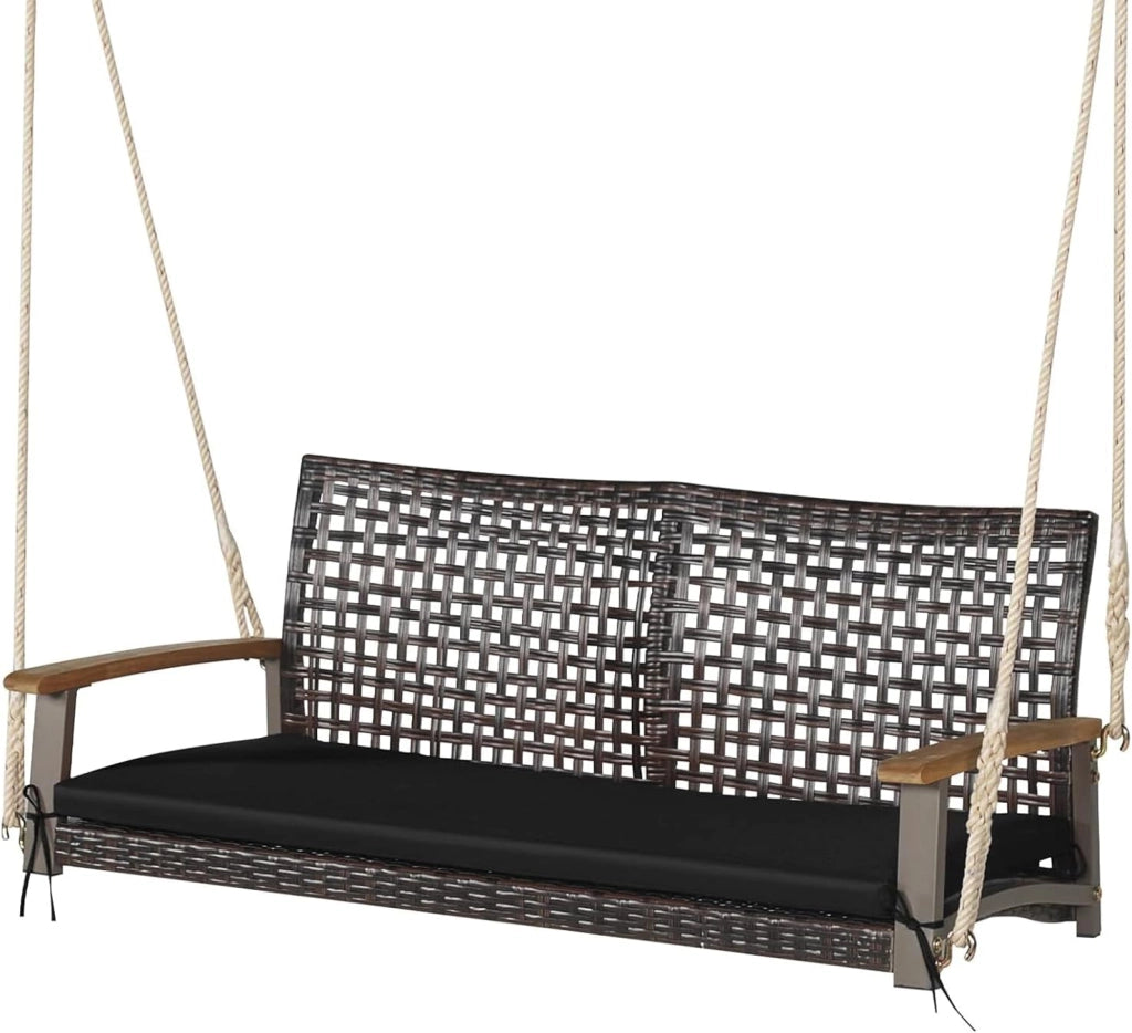 Altalena da Esterno 2 Posti in Rattan PE, Dondolo Sospeso con Cuscini e Braccioli in Legno di Acacia, Carico 360 kg, 131 X 68 X 54 CM, Panca Sospesa per Giardino, Balcone, Terrazza (Bianco)