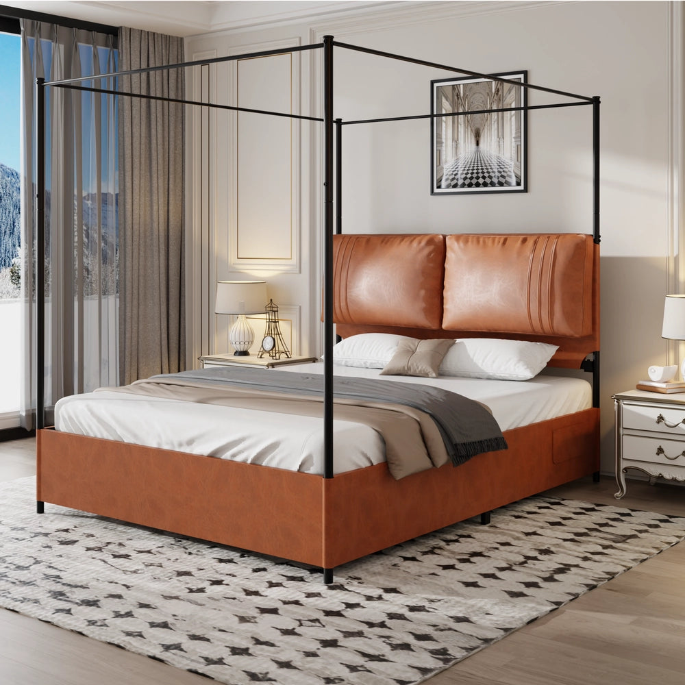 Letto Imbottito in Pelle con Cuscini ¨C MINIMAL ¨C 140x200, Nero, Metallo