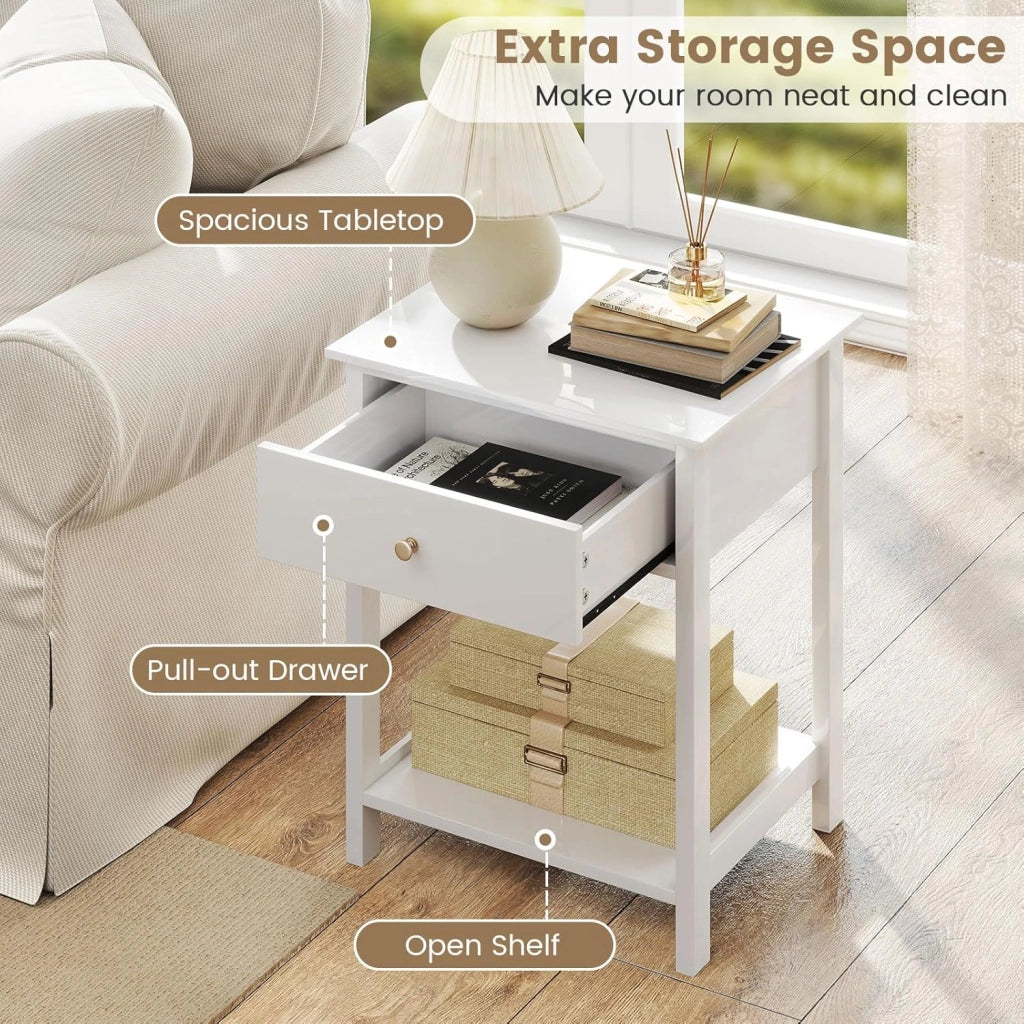 Comodino moderno, comodino con cassetto, ripiano aperto, grande superficie, in legno, gambe antiscivolo, stile chic salvaspazio per soggiorno, camera da letto, bianco