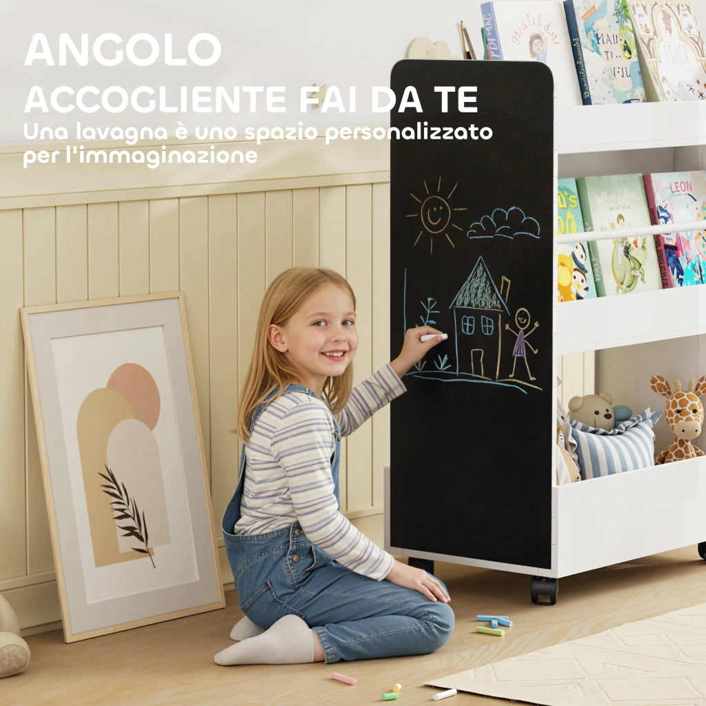 Libreria per Bambini 3-8 Anni a Due Lati, Scaffale Portagiochi con Ruote e Lavagna Nera, Bianco