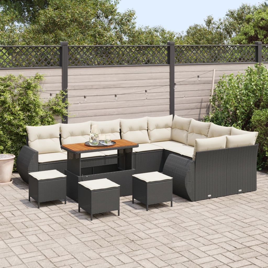 Set divano giardino 13 pezzi con cuscini neri in polirattan e acacia