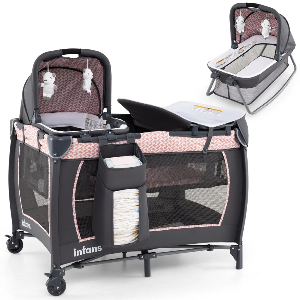 Lettino pieghevole con fasciatoio materasso con cestino e borsa da trasporto, Centro attivit¨¤ per bambini 5 in 1 Rosa-Culle