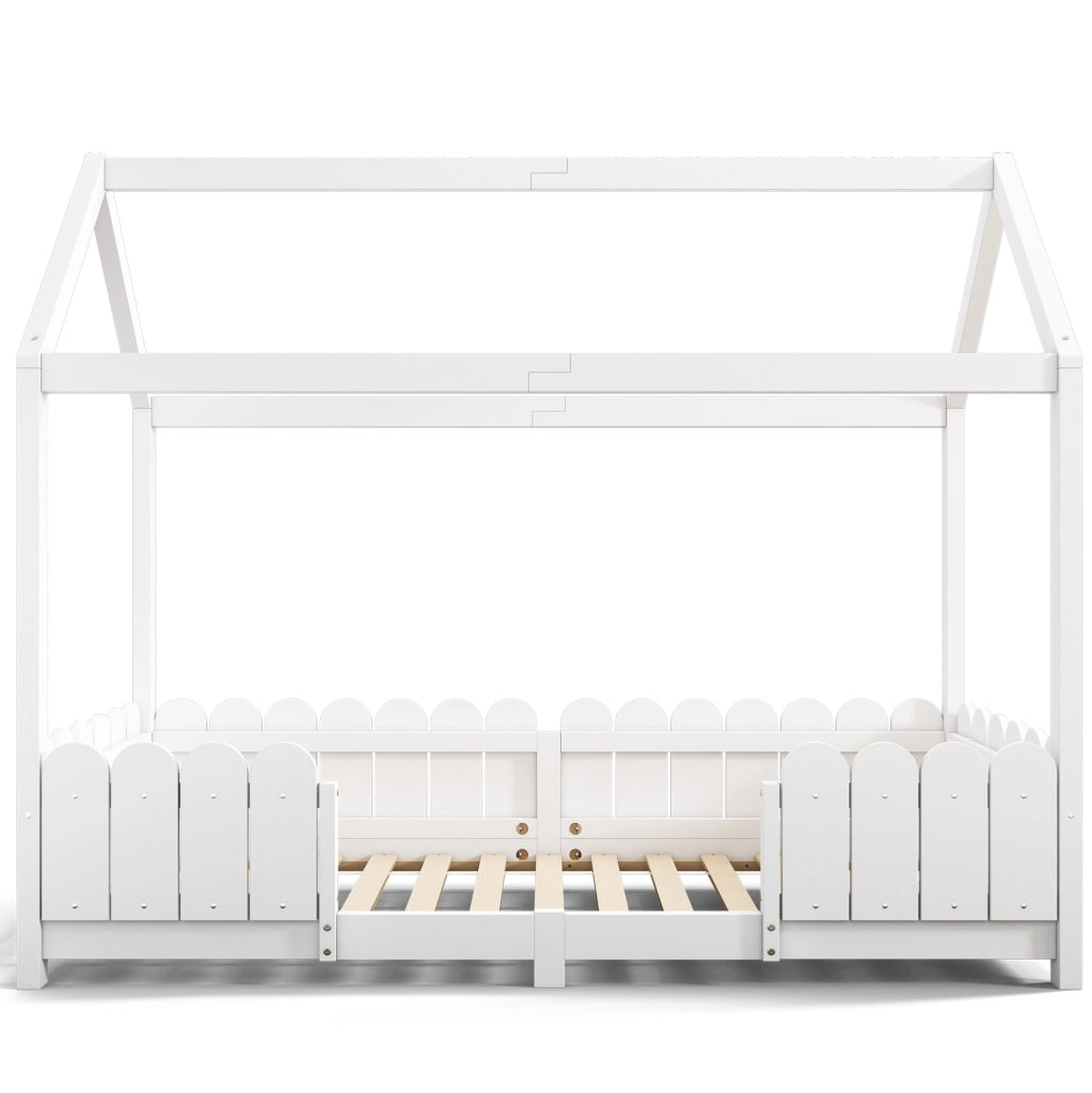 Letto a casetta per bambini 90x200 cm con protezione anticaduta e rete a doghe; legno e MDF bianco