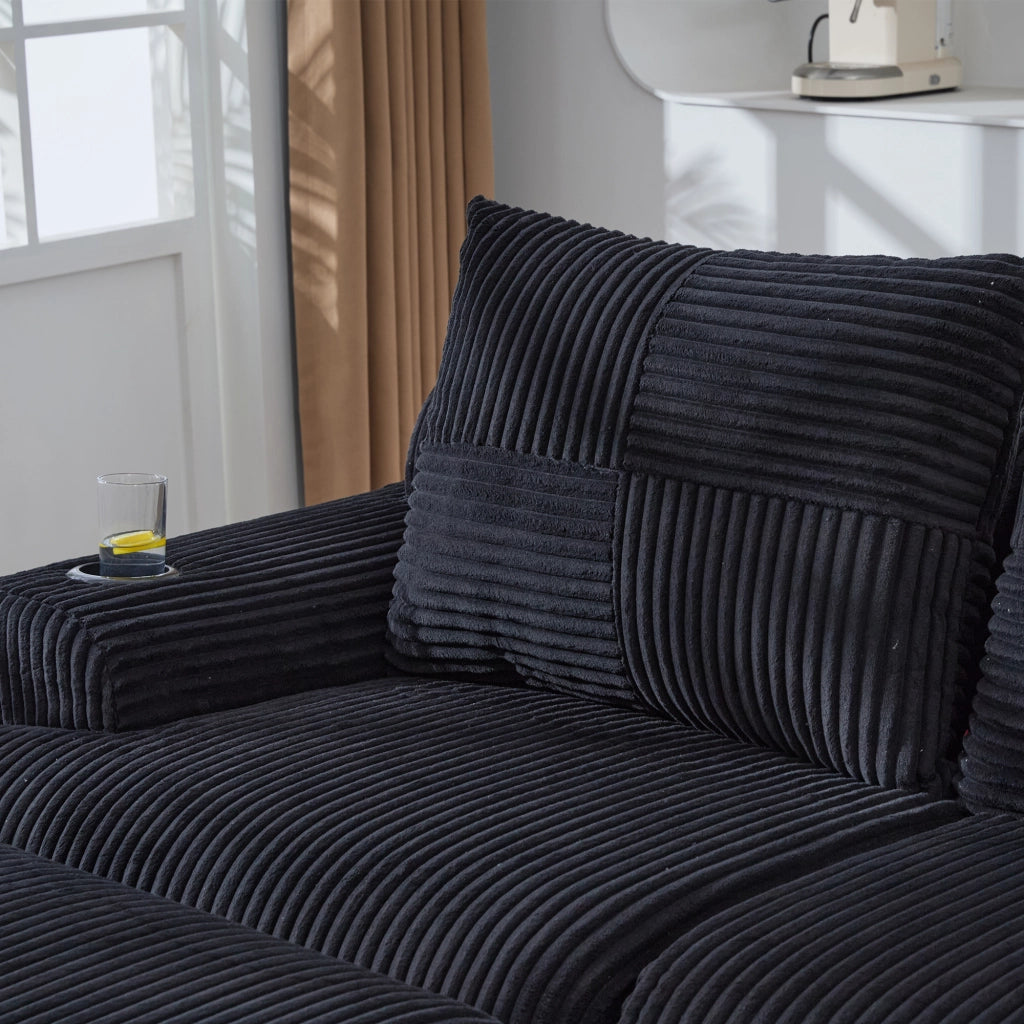 DIVANO Modulare 333x174x80 cm in corduroy nero con portabicchieri e tasca laterale