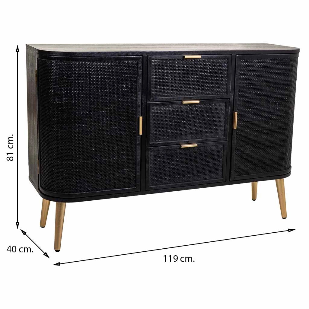 Credenza legno e rattan nero e oro 115x35x80cm