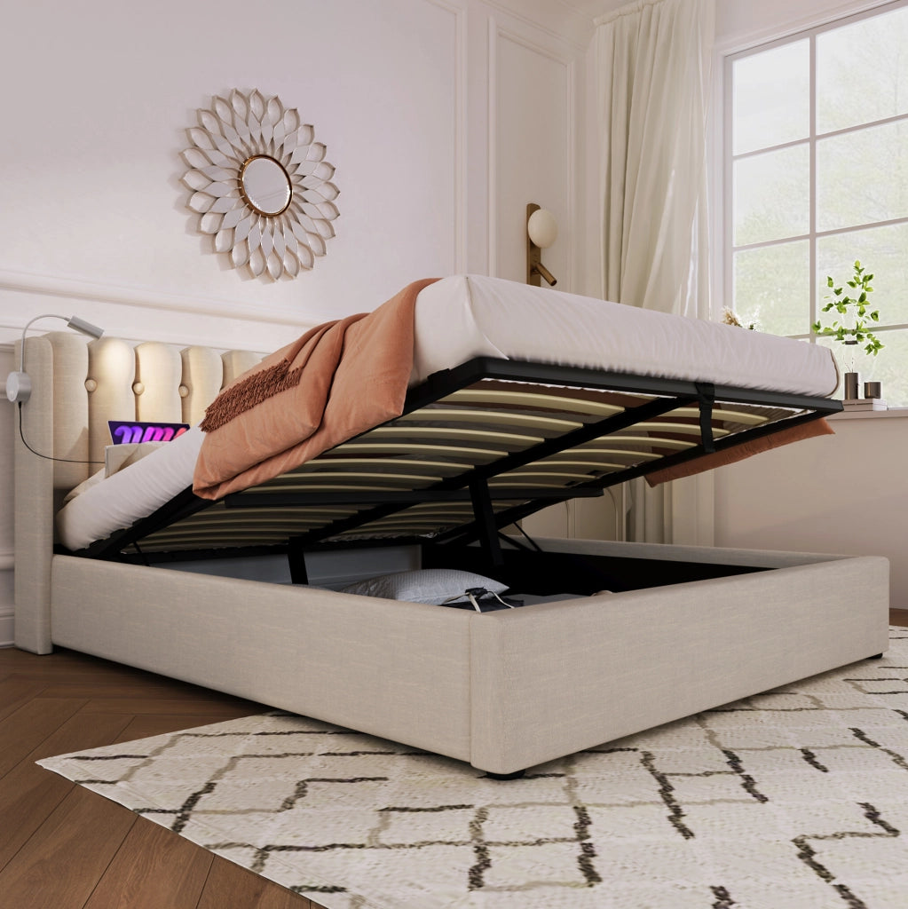 Letto contenitore 140x200 cm in lino naturale con testiera; luce da lettura e ricarica USB