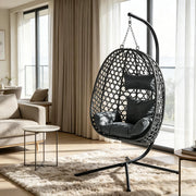 Fauteuil suspendu in rattan PE con altezza regolabile e base stabile, con cuscino e poggiatesta, grigio scuro