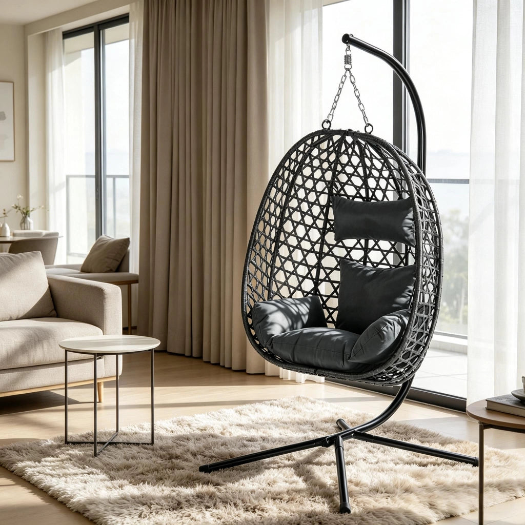 Fauteuil suspendu in rattan PE con altezza regolabile e base stabile, con cuscino e poggiatesta, grigio scuro