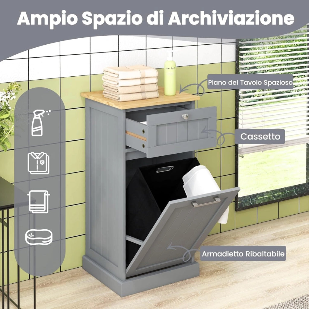 Mobile con Cesta Portabiancheria 40x37x82 cm, Cesto per Biancheria con Cassetto, Mobile Multiuso da Bagno (Grigio)