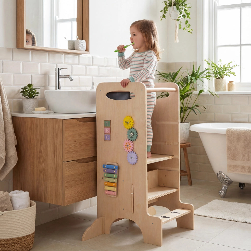 Torre legno bambini sgabello cucina 3 altezze regolabili lavagna rimovibile, Torre giochi montessori impronte corrimano sicurezza piedini antiribaltamento