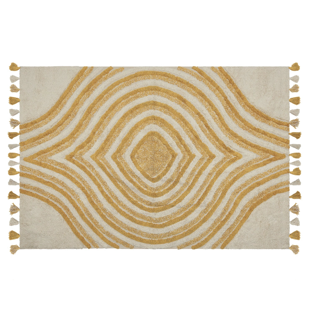 Tappeto beige e giallo 140 x 200 cm cotone fatto a mano motivo geometrico soggiorno camera da letto