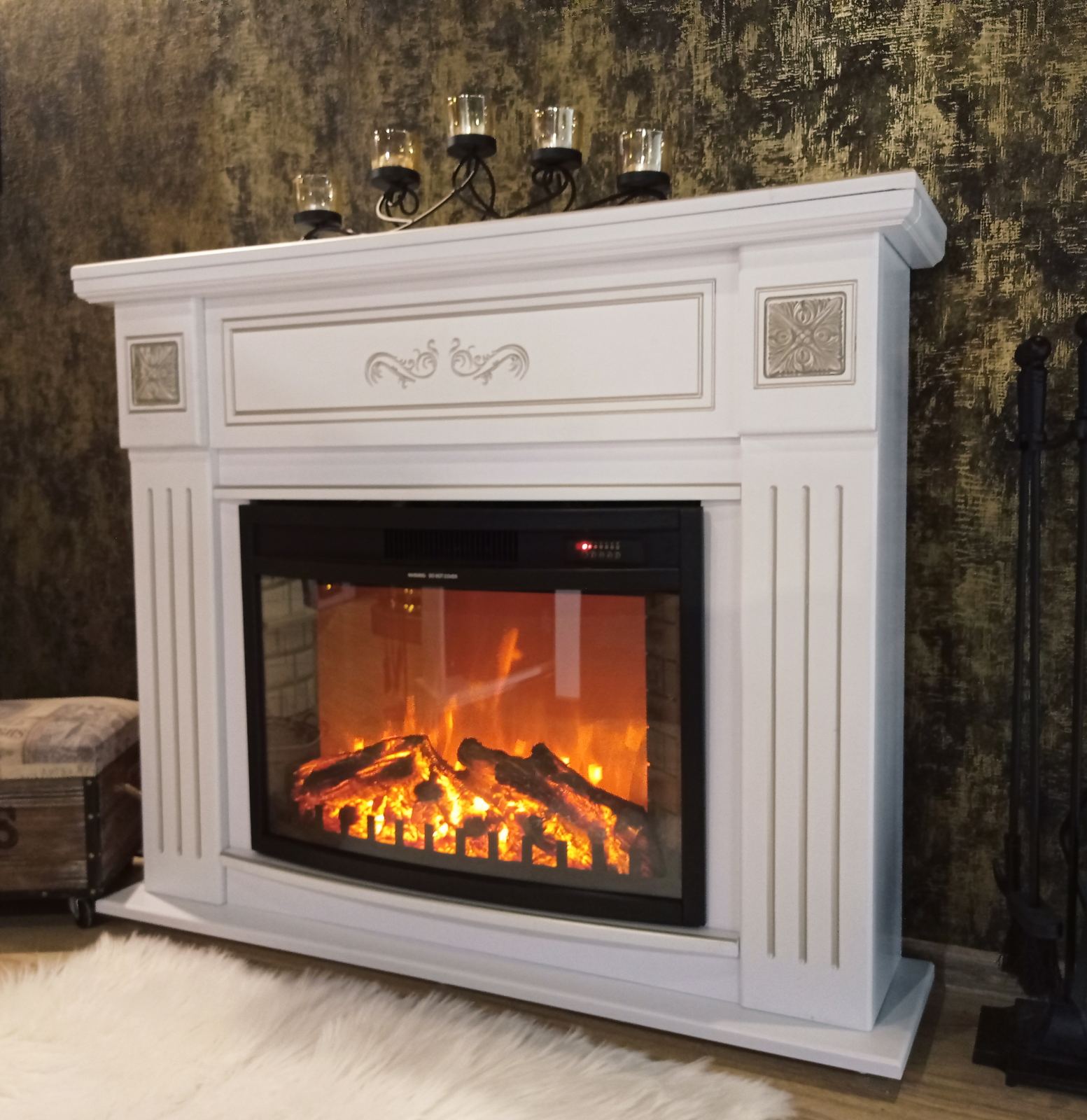 Camino Elettrico da Pavimento 93,3x111,7x27 cm Effetto Fiamma 1500W Diana & Zakinthos Bianco