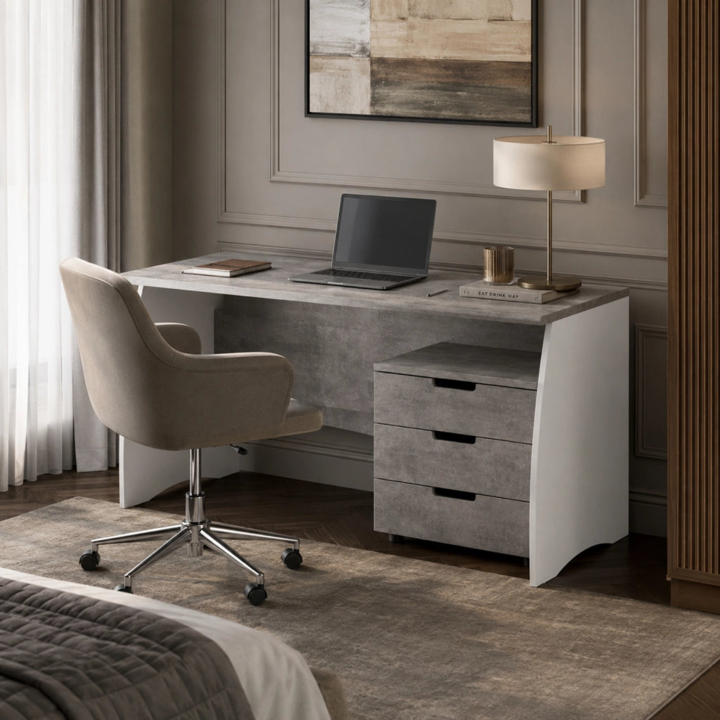 Scrittoio  Con 3 Cassetti Scrivania Da Studio O Ufficio Mobile Desk Per Soggiorno E Sala Da Pranzo 136 X 74 X 67 Cm Bianco E Grigio Cemento