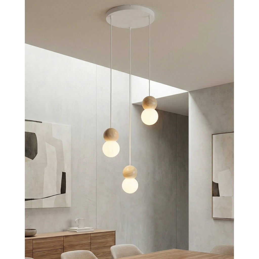Lampada a sospensione LOOP in acciaio bianco e legno naturale