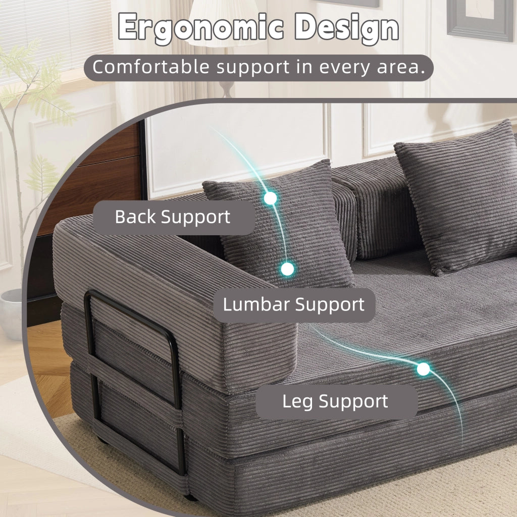 Divano letto pieghevole a pavimento con braccioli e schienale in velluto a coste grigio scuro 185 × 92,5 × 60 cm