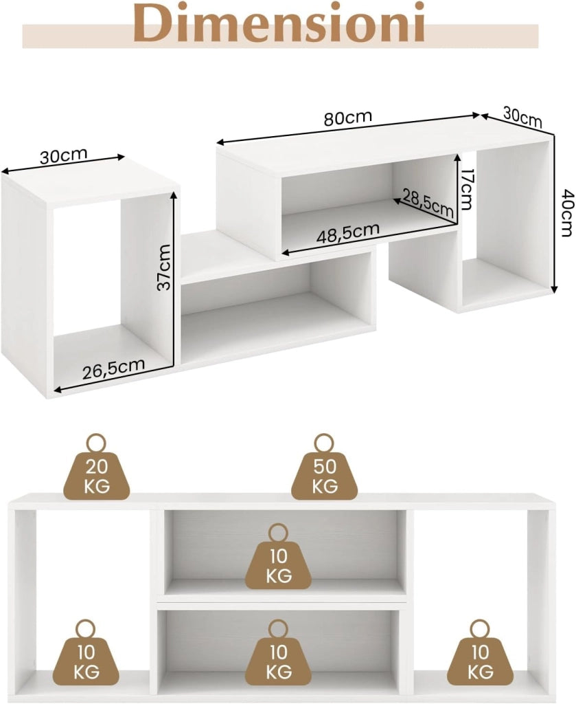 Mobile Porta TV Combinabile a 2 Pezzi, per TV Fino a 60 Pollici, Mobile TV Soggiorno in Legno, con 4 Vani Aperti, Tavolo Media TV Multifunzionale, per Soggiorno, Camera da Letto (Bianco)