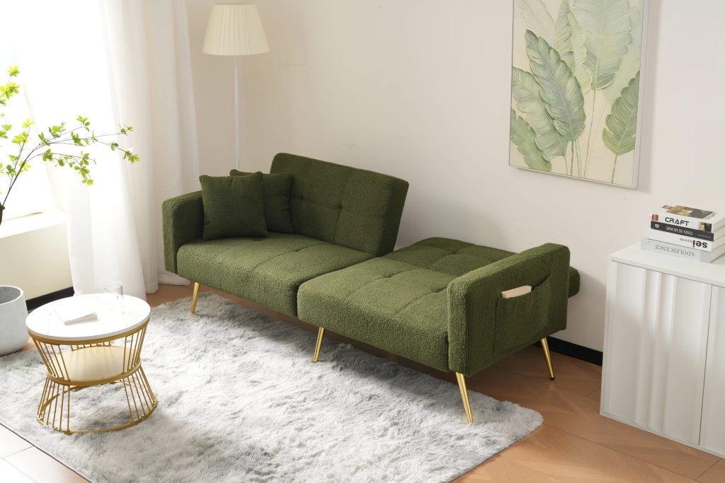 Divano Letto 2 Posti con Schienale Regolabile 105-180° e Tasche Laterali; Piedini Dorati in Tessuto Sherpa Verde Antico