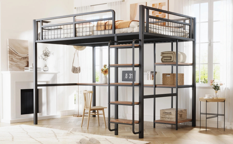 Letto a castello metallico nero con scala di sicurezza tavolo e scaffali 140x200 cm
