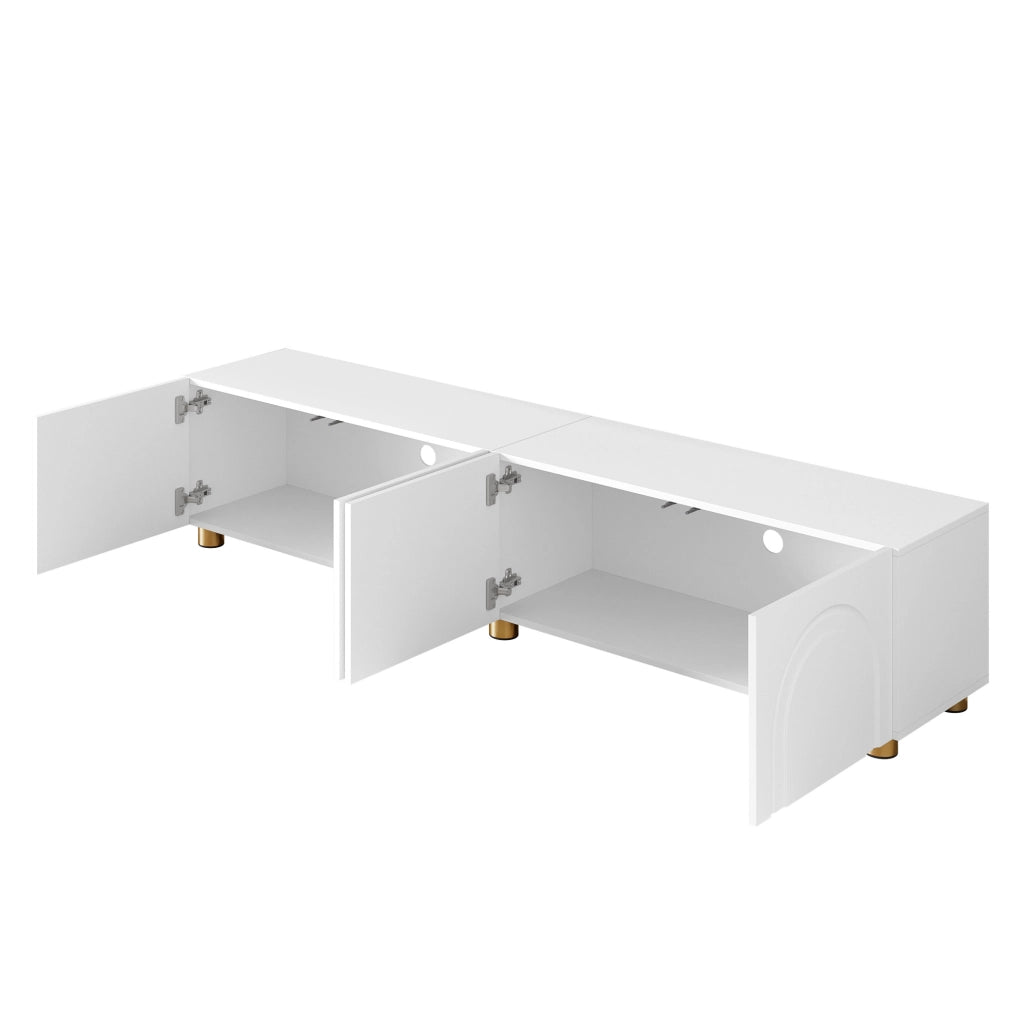 Mobile TV 180x35x40 cm con 4 ante e rilievo ad arco; MDF e pannello truciolare bianco