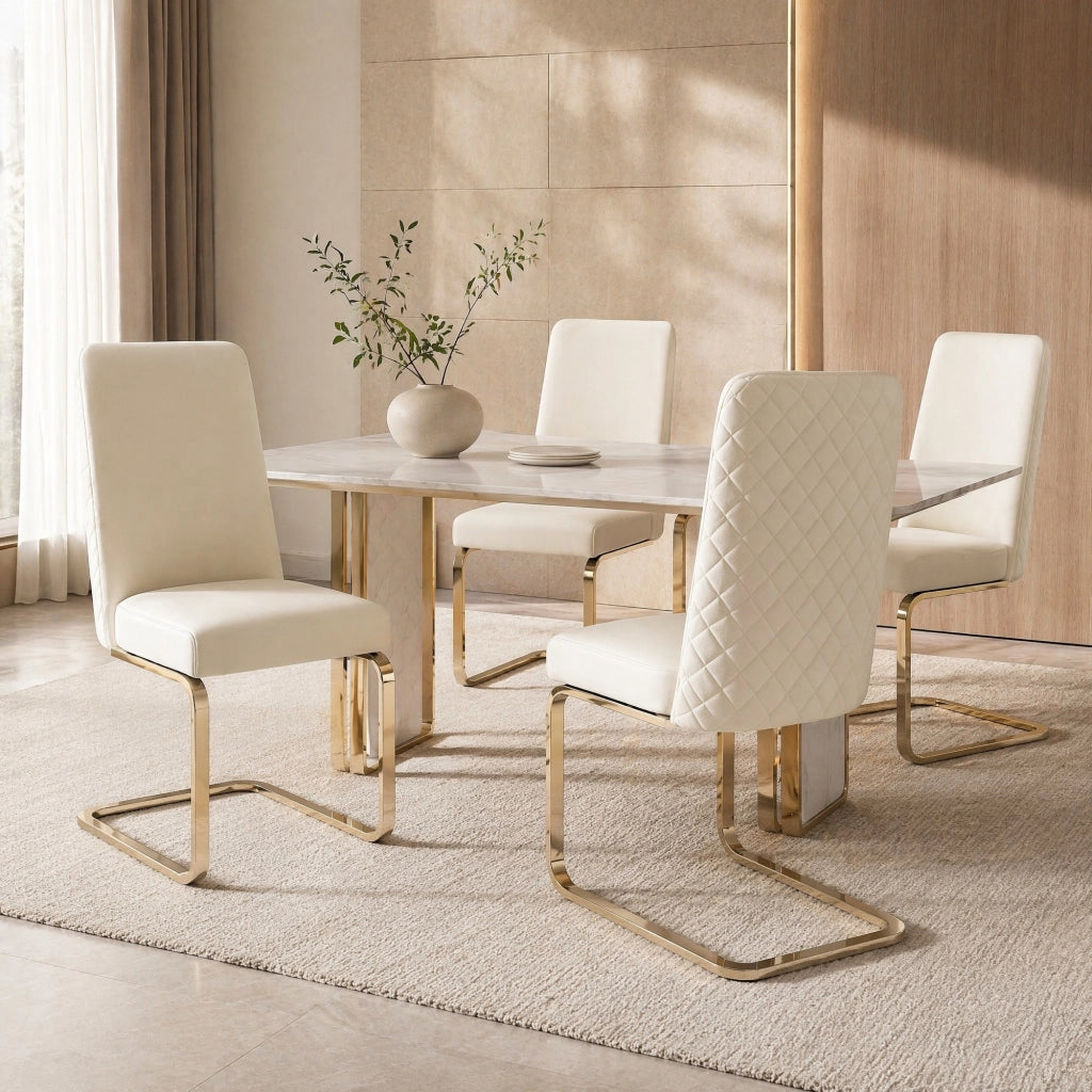 Set 2 sedie da pranzo in velluto beige con schienale a rombi e gambe in metallo