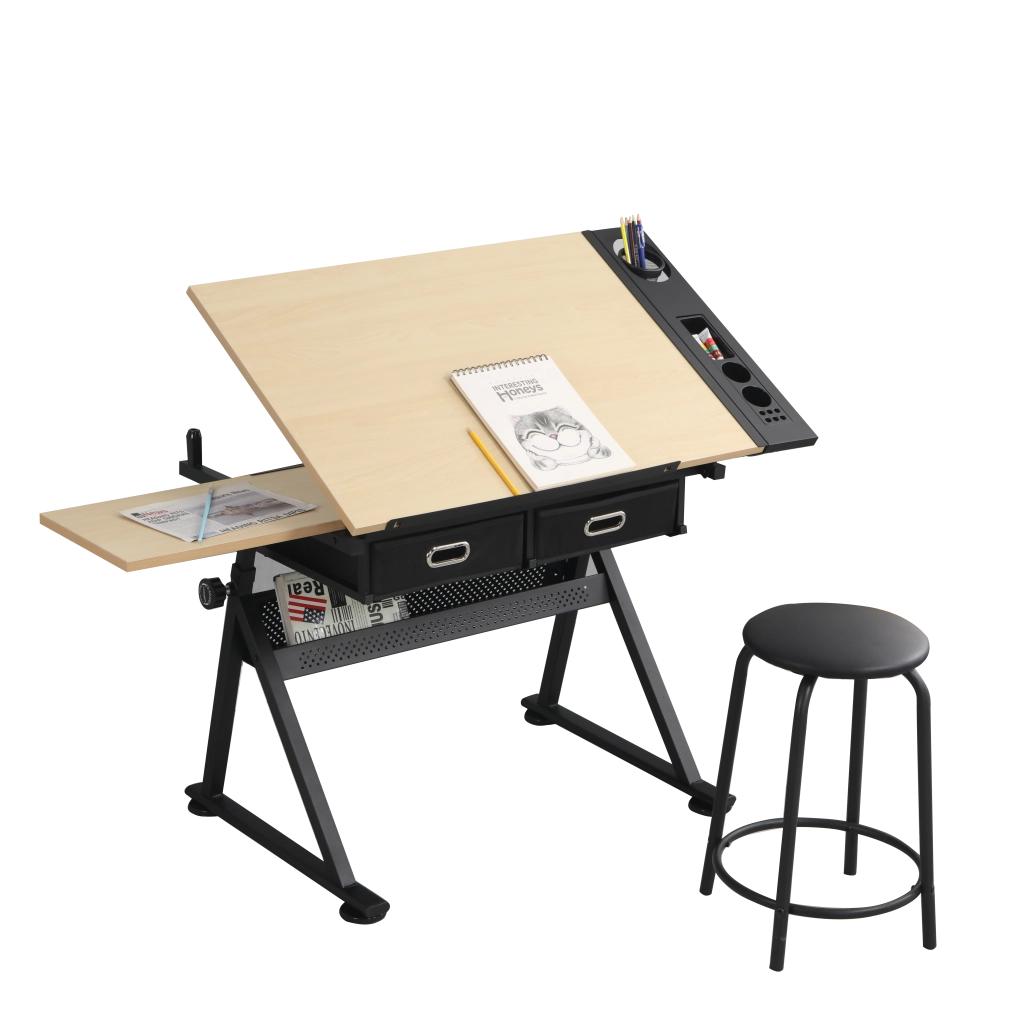 Scrivania lineare con piano inclinabile; 2 cassetti e sgabello; altezza regolabile; per ufficio e studio; acero