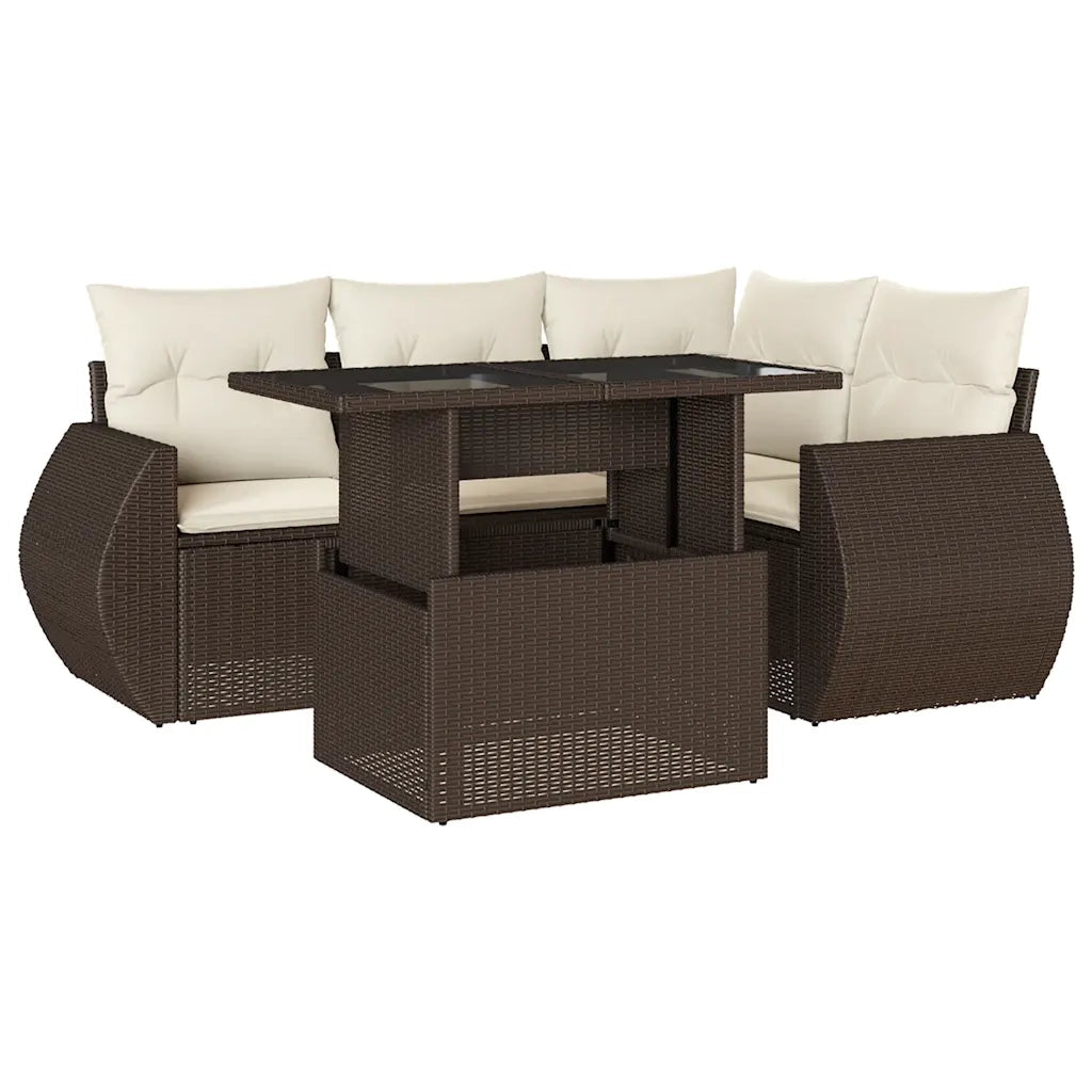 Set Divano da Giardino 5 pz con Cuscini Marrone in Polyrattan