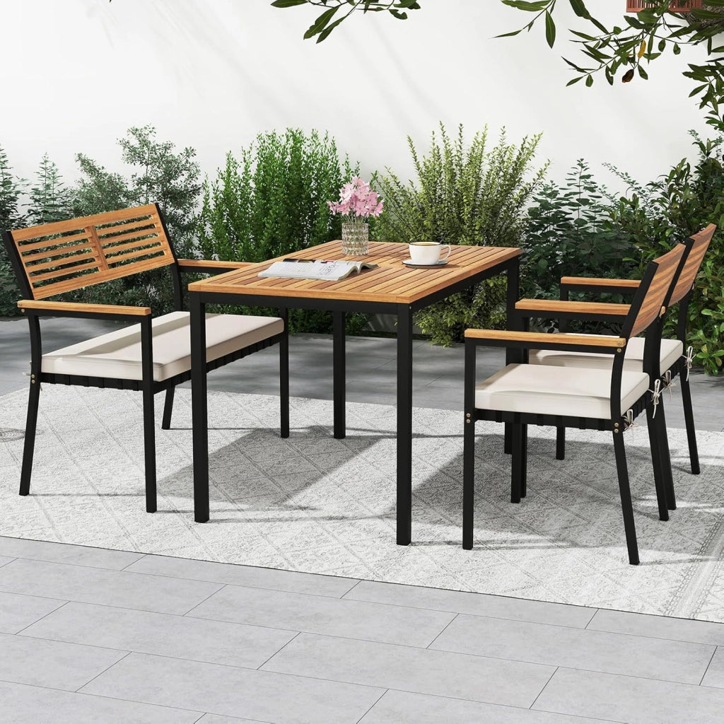 Tavolo da Giardino con 2 Sedie e Panca con Foro per Ombrellone e Cuscino Morbid, Set Pranzo da Giardino Ergonomico in Legno di Acacia, Design Impilabile, Set Salotto per Esterno da Balcone