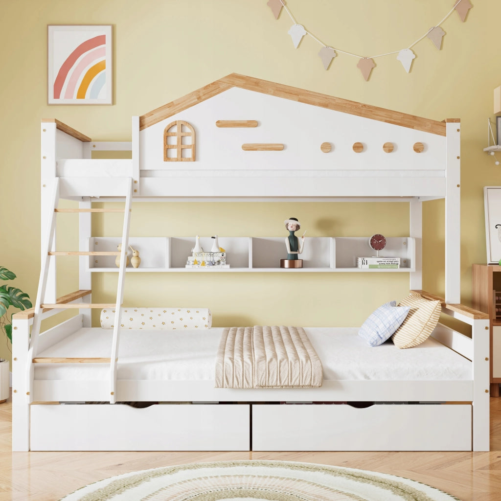 Letto a castello con scale e cassetti - Xylo - 90x200 - Bianco e legno