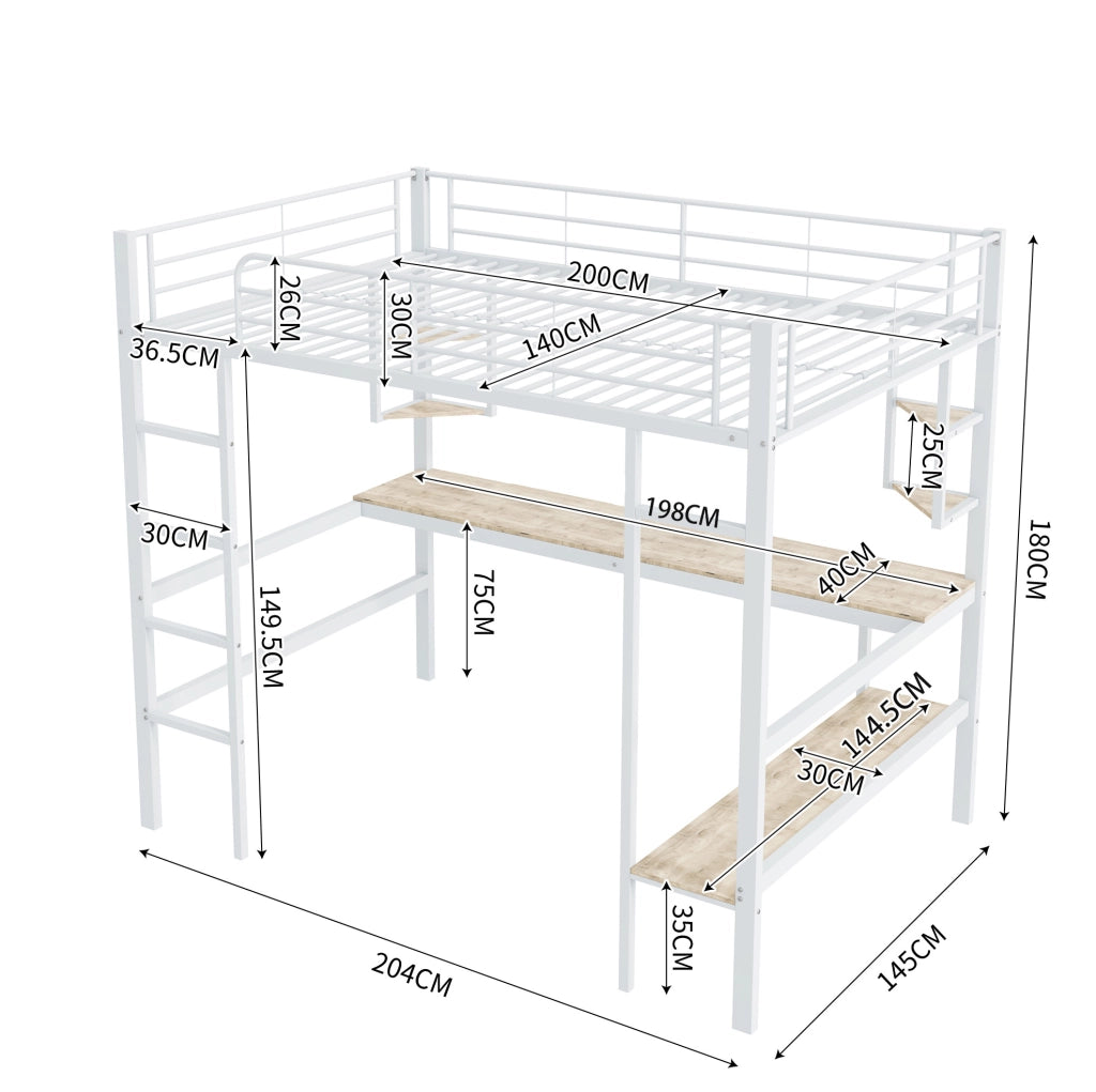 Letto a soppalco 140x200 cm con scrivania; scaffali e libreria in metallo e MDF; bianco