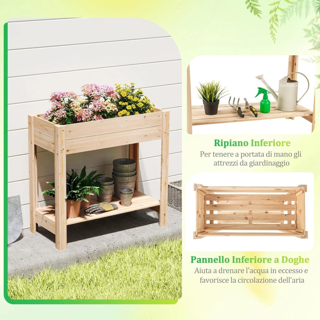 Letto da Giardino Rialzato, Fioriera Elevata con Mensola di Stoccaggio, Drenaggio, Orto in Legno Fiori, Erbe e Verdure per Giardino, Cortile e Patio, 81 x 38 x 77 cm