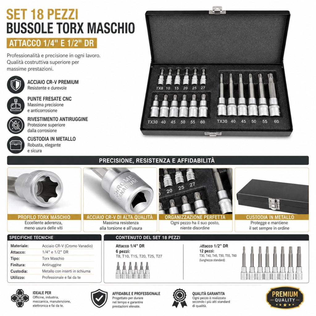 Set 18 Bussole Torx Maschio 1/4 e 1/2 CR-V T8-T60 Valigetta 203202