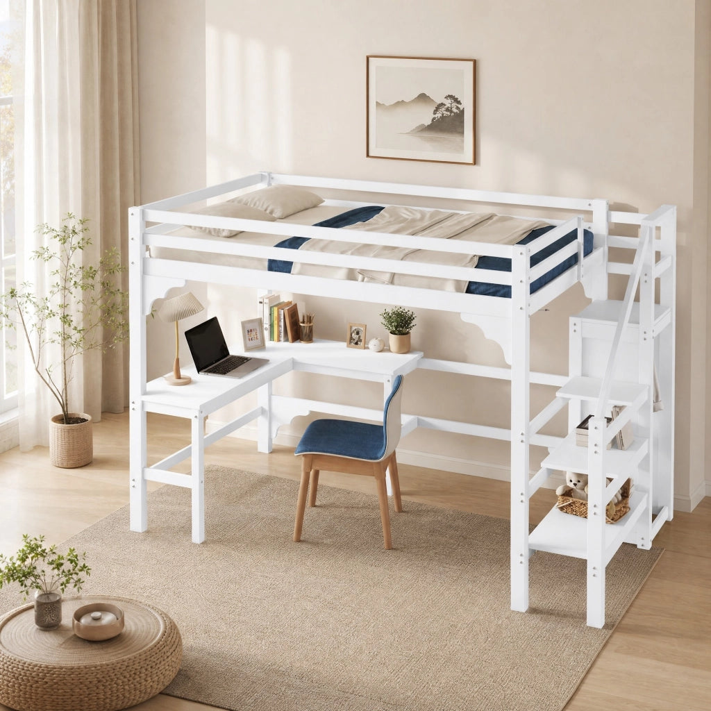 Letto a soppalco 140x200 cm con scrivania e armadio