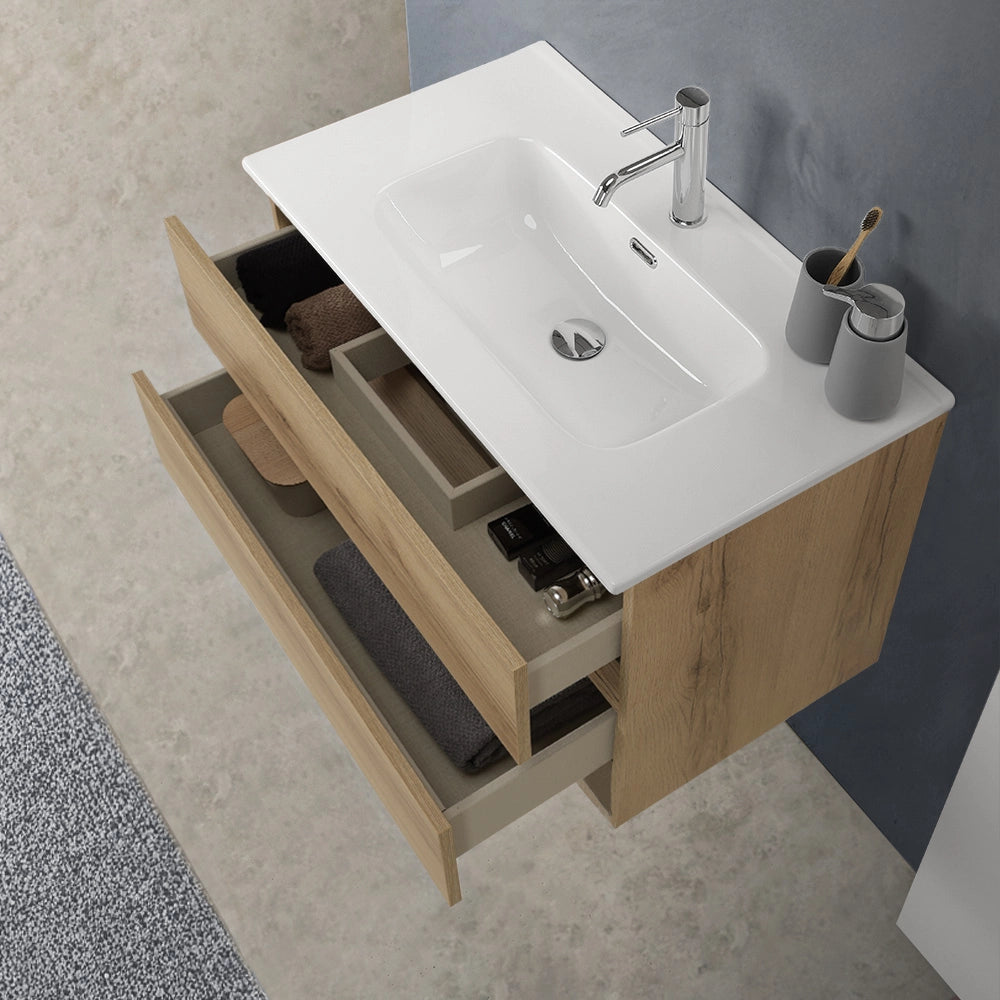 Mobile bagno sospeso 100 cm in legno color quercia naturale 2 cassettoni con lavabo e specchio  Leda