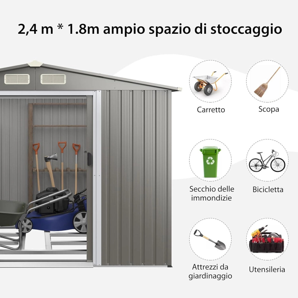 Casetta da Giardino 4,74㎡, Capanno da Esterno in Lamiera Acciaio Zincato Resistente alle Intemperie con 4 Feritoie, Doppie Porte e Rampa, 260 x 207 x 181 cm (Grigio chiaro)