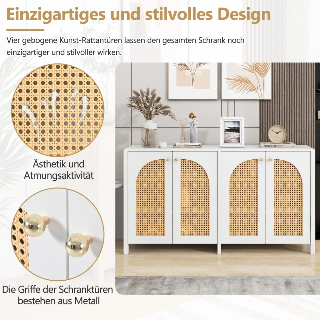 Credenza con 4 ante e ripiano regolabile; maniglie in metallo - per soggiorno - in MDF - bianco