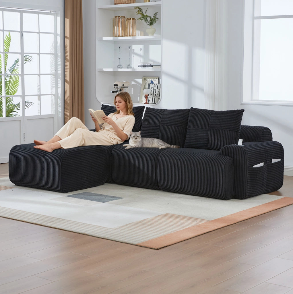 Divano modulare 3 posti 268x174x80 cm con portabicchieri e tasca laterale in corduroy nero