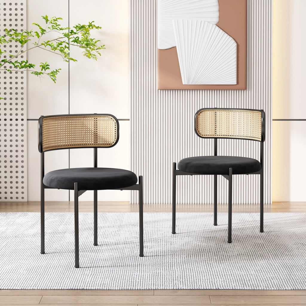 Sedia da pranzo in velluto set da 2 con schienale in rattan curvo e seduta rotonda ergonomica gambe in metallo nero