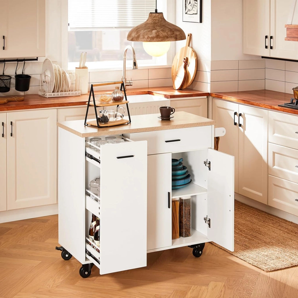 Carrello Cucina Isola Cucina con Ruote Mobile da Cucina Salvaspazio con Cassetti, Penisola Cucina con Piano Lavoro - Mobile Cucina con Ruote Portatutto Bianco 105x46x92 cm FKW126-WN
