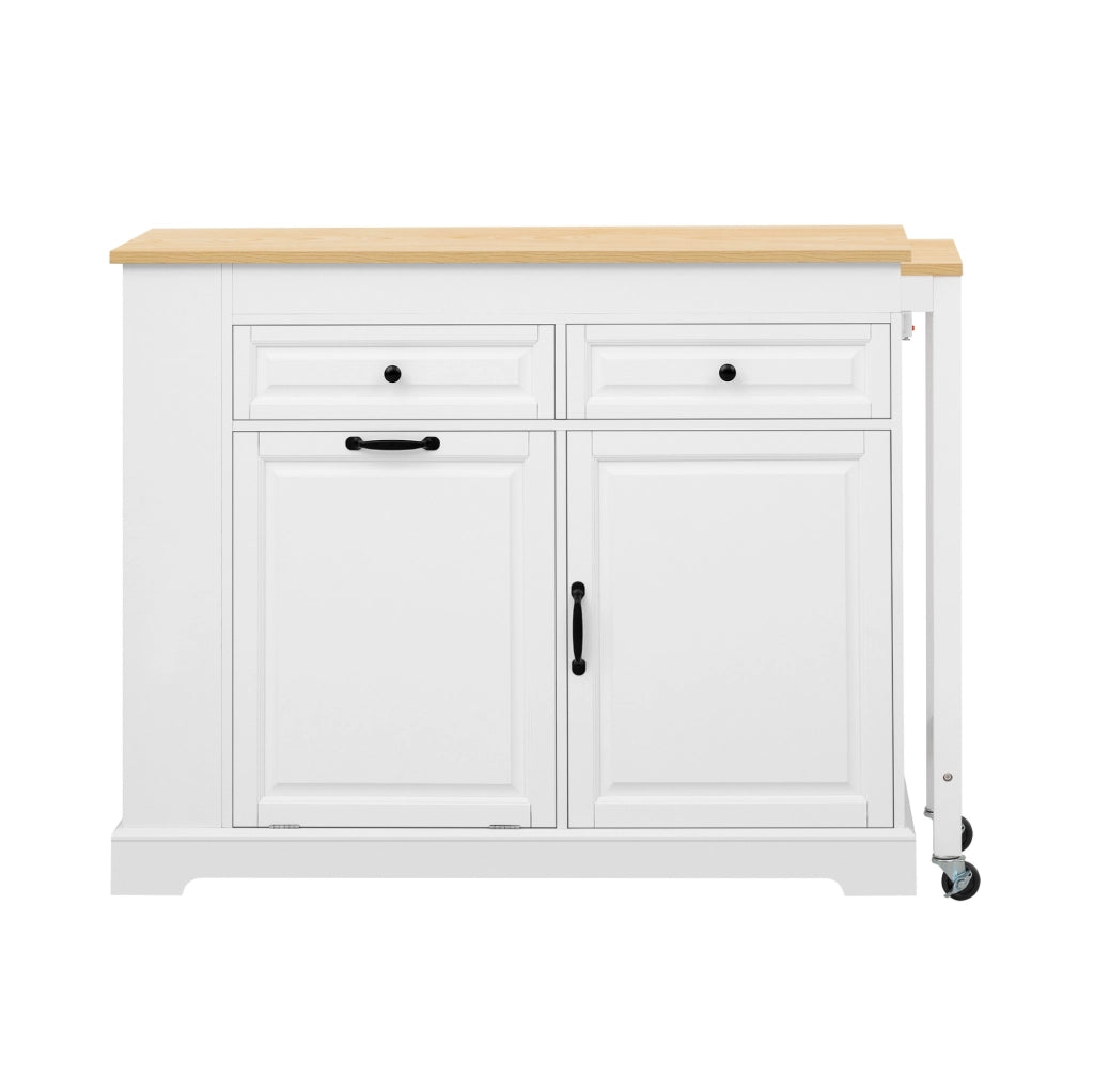 isola da cucina con ruote bianca e legno, piano laterale estensibile, contenitori