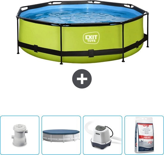 Piscina Rond con Cornice Lime - 300 x 76 cm - Inclusa Pompa Copertura - Sistema Acqua Salata - Sale per Piscine - Ora a Prezzo Speciale