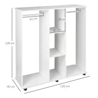 Armadio Guardaroba a Rotelle con 2 Barre e 3 Ripiani Aperti, in Legno e Alluminio, 120x40x128 cm, Bianco