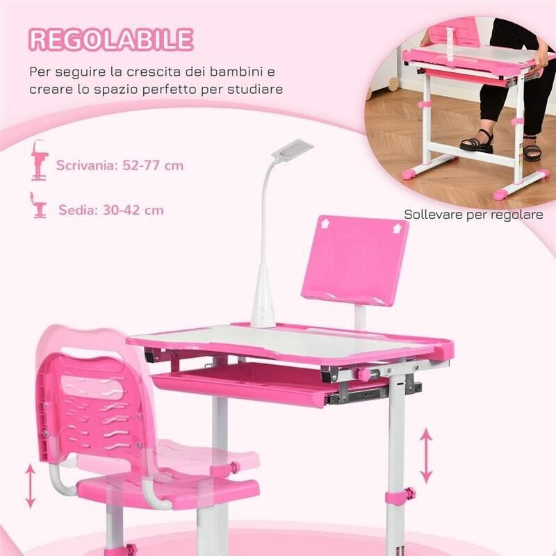 BANCO SCUOLA CON SEDIA BAMBINI 6-12 ANNI ALTEZZA E INCLINAZIONE REGOLABILE ROSA