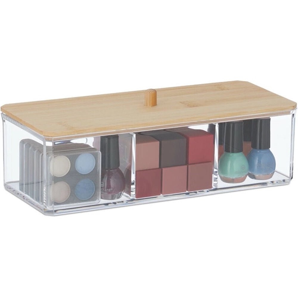 Trade Shop - Contenitore Organizer Per Cosmetici A 3 Scomparti Trasparente Con Coperchio In Legno 10827 -